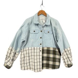 Bobbie Wren Hailey Denim & Plaid Shirt Jacket Large 100% Cotton Bleached Detail